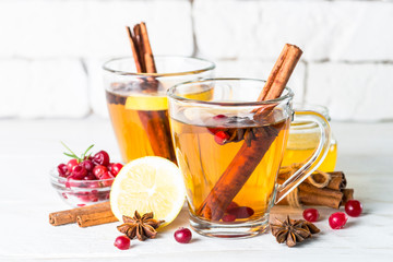 Autumn or winter hot tea with fruit, berries and spices.