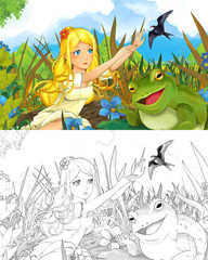 Obraz na płótnie Canvas cartoon scene with beautiful tiny elf girl on the meadow talking to happy frog and looking on flying bird cuckoo - with coloring page - creative illustration for children