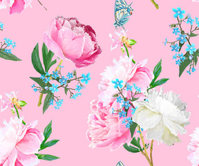 Peonies and forget-me-nots.