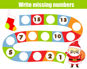 Mathematics educational game for children. Write the missing numbers. Help Santa Claus find road. Christmas, New Year theme fun for toddlers