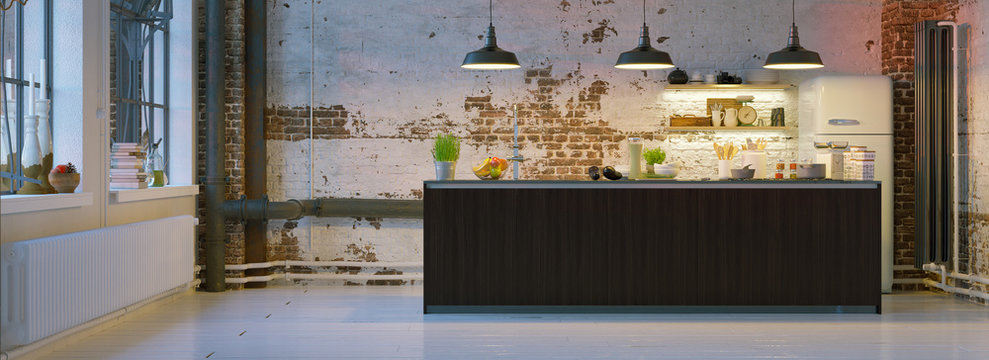 kitchen in vintage brick loft apartment