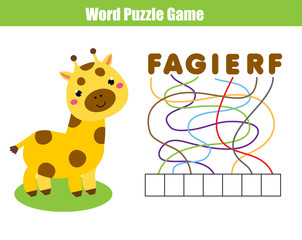 Words puzzle children educational game. Place the letters in right order. Learning vocabulary. Animals theme