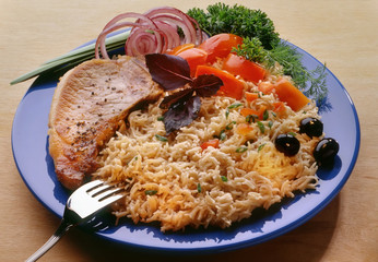 Вермишель, лапша со свининым стейком Vermicelli, noodles with pork steak