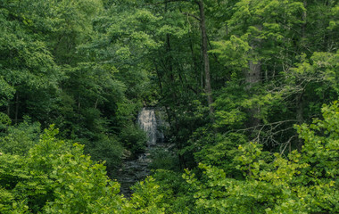Great Smoky Mountains Expressway, Cherokee, North Carolina - June 19, 2018: Waterfall in the interior of a forest in Great Smoky Mountains