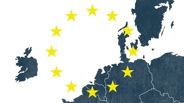 Brexit - United Kingdom exclusion from European Union after 2016's referendum - textured map with 12 stars - blue smoke effect