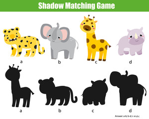 Obraz premium Shadow matching game. Kids activity with african animals