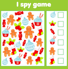 I spy game for toddlers. Find and count objects. Counting educational children activity. Christmas and new year holidays theme