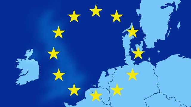 Brexit - map of the west of EU with the 12 symbolic stars - The UK is being erased in a blue smoky effect - graphic blue animation