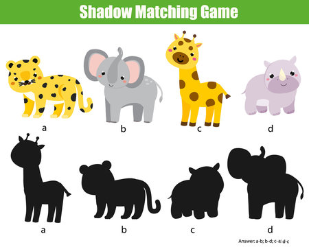 Shadow matching game. Kids activity with african animals