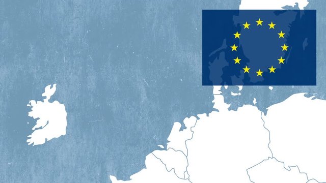 Brexit - West EU map with the European flag in a corner and showing the United Kingdom being removed - evaporation effect