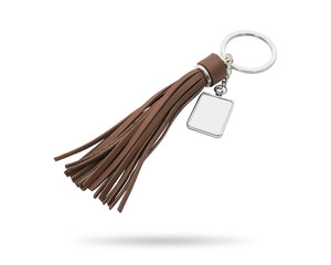 Tassel key ring isolated on white background. Fashion leather key chain for decoration. Clipping...