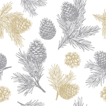 Pine cones and branches seamless pattern. Christmas gift wrapping. Vector illustration