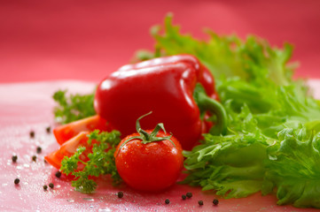 Овощи - помидор, перец, петрушка, салат, перец горошком на красном фон Vegetables - tomato, pepper, parsley, lettuce, peas on a red background