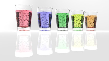 3d Modeling Multiple cups containing red, green, purple, yellow, orange carbonated water