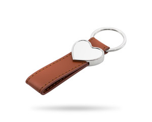 Leather key ring isolated on white background. Fashion key chain for your design. Clipping paths object. Heart shape.