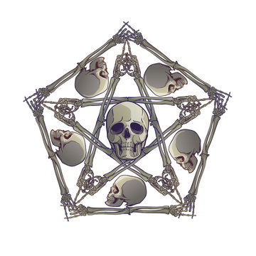 Halloween pentagrame. Human hand bones and skulls arranged in an intricate gothic occult ornament. Tattoo design. Isolated on white background. EPS10 vector illustration