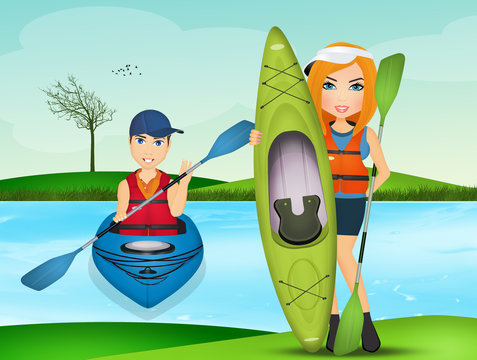 boy and girl with kayak on river