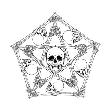 Halloween pentagrame. Human hand bones and skulls arranged in an intricate gothic occult ornament. Tattoo design. Isolated on white background. EPS10 vector illustration