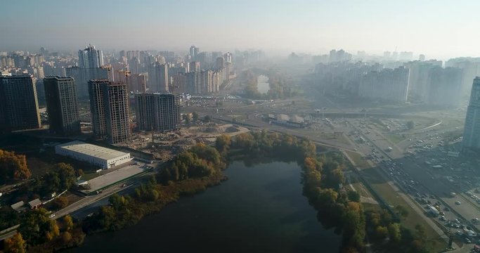 Aerial view of cityscape in kiev. City traffic.