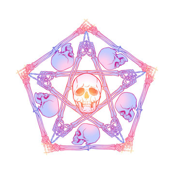 Halloween pentagrame. Human hand bones and skulls arranged in an intricate gothic occult ornament. Tattoo design. Trendy colored line drawing Isolated on white background. EPS10 vector illustration