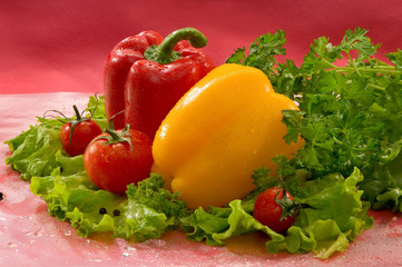 Овощи - помидоры, перец, салат, петрушка на красном фоне Vegetables - tomatoes, peppers, lettuce, parsley on a red background