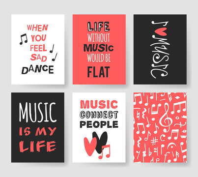 Set of Hand drawn quote about music. Doodle illustration. Creative ink art work. Actual vector text drawing