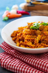 Radiatori pasta Bolognese on the table