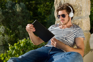 young man listening music