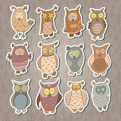 Set of cute stickers with cartoon owls. Vector.