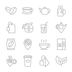 Set of Coffee and Tea Vector Line Icons. Contains such Icons as Cup of Tea, Teabags, Coffee beans and Green Tea Leaves, a pitcher of Water, Sugar Cubes and more. Editable Stroke. EPS 10