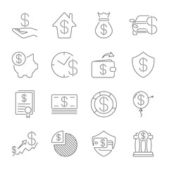 Simple Set of Money Related Vector Line Icons. Thin line vector icon set - dollar, credit card, wallet, cash, money bag, piggy bank, investment, stack, check, receipt, shield. Editable Stroke. EPS 10
