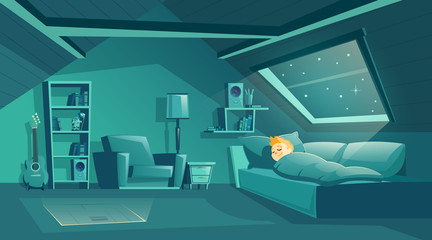 Vector cartoon attic room at night with boy sleeping on sofa, modern loft apartment under wooden roof. Bedroom for children, cozy cockloft with furniture. Interior background of garret, mansard © vectorpocket