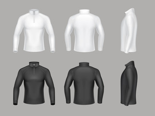 Vector set of base layer shirts for men with long sleeves and short zipper. Male thermal underwear, warm fleece sweatshirts to wear on top of body, isolated on background. Mockup for clothes design