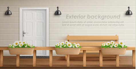 Vector exterior background with veranda facade. Empty terrace with wooden fence and flowers in pots, white wall with lamps, front door and bench. Porch of country cottage, place for rest outdoor - obrazy, fototapety, plakaty