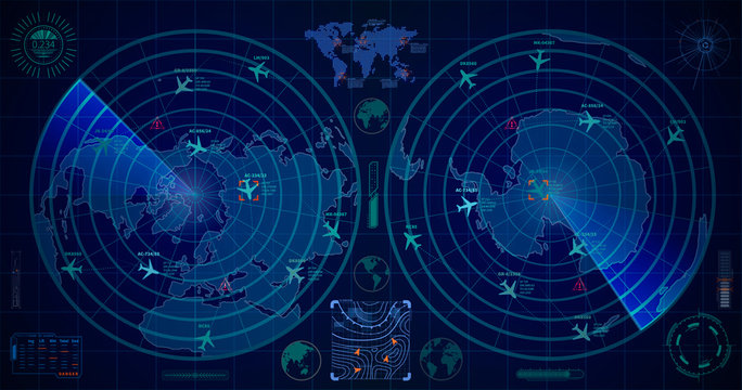 Detailed military radar with two blue displays with with planes traces and target signs