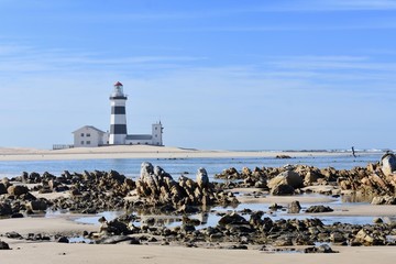 Lighthouse off of rocky coastline 