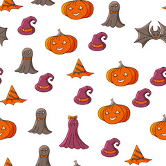 Happy Halloween design. Seamless texture (pumpkin, bat, ghost, hat) for Halloween Party Night.