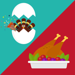 Happy thanksgiving celebration icon. Baked turkey. Traditional food with fruits and vegetables. Vector illustration flat design isolated on white background