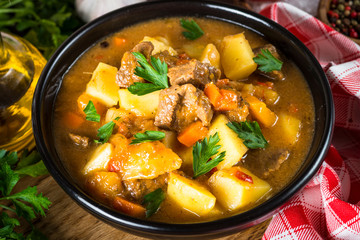 Goulash with meat and vegetables. Beef stew.