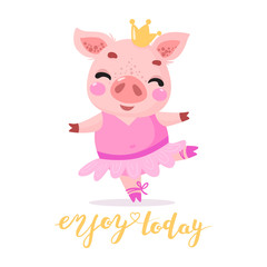 Cute cartoons girl pig. Piggy princess with a crown. Vector illustration for calendar, card, banner, postcard and printable. Chinese New Year.