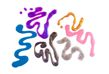 Abstract background with squiggles and spots painted with nail polish isolated on white.