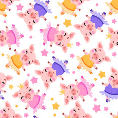 Seamless pattern of cute cartoons girls pigs. Piggy princess with a crown. Vector background for calendar, card, banner, postcard and printable. Chinese New Year.