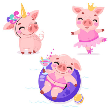 Set of cute cartoon pigs. Pig in a unicorn costume, piggy princess with a crown, piggy on the beach with a cocktail. Vector illustration for calendar, card, banner, postcard.