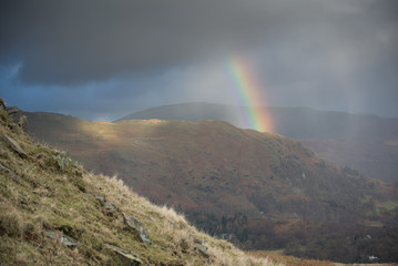 Winter storm with rainbow in the Langdale Valley, English Lake District