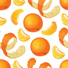 Seamless pattern with tangerines, mandarin slices and peel on a white background.