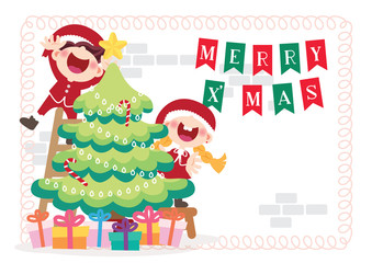 cheerful children and Christmas tree illustration vector