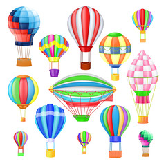 Naklejka premium Air balloon vector cartoon air-balloon or aerostat with basket flying in sky and ballooning adventure flight illustration set of ballooned traveling flying toy isolated on white background