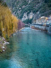 french alp village and willow trees by the river