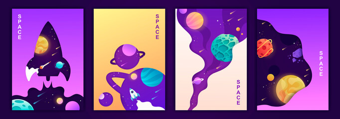 set of vector banners. space trip. universe. colorful templates for covers, flyers, posters. © sweet kiwi