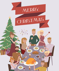 Holiday party poster with people sitting at table laughing, eating food, drinking wine and talking to each other. Christmas dinner with family. Editable vector illustration